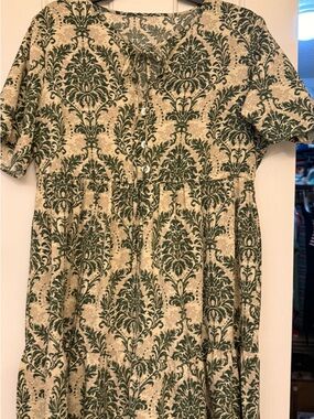 Green and Cream Damask Tiered Dress